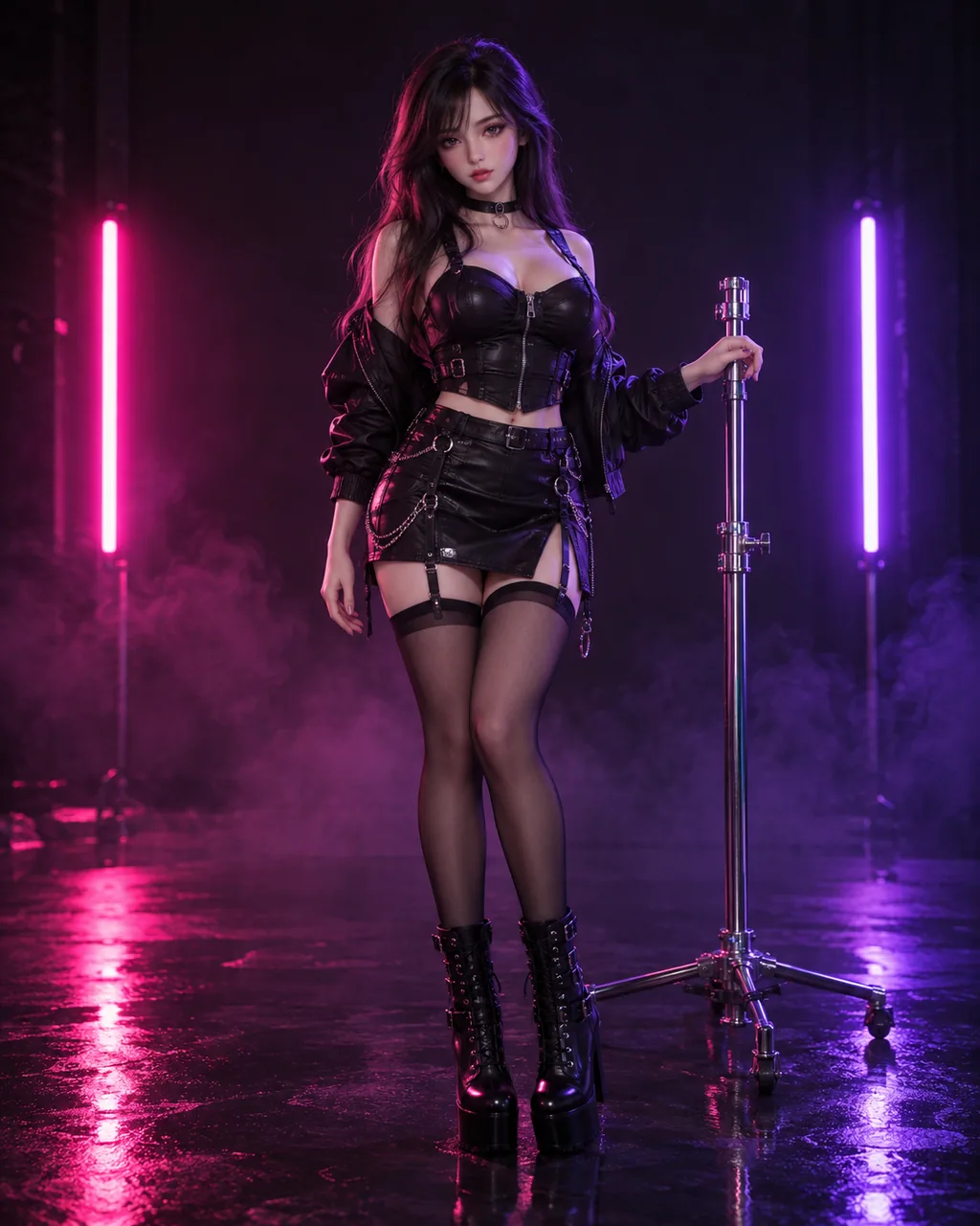Full-height anime doll standing in a black corset and stockings
