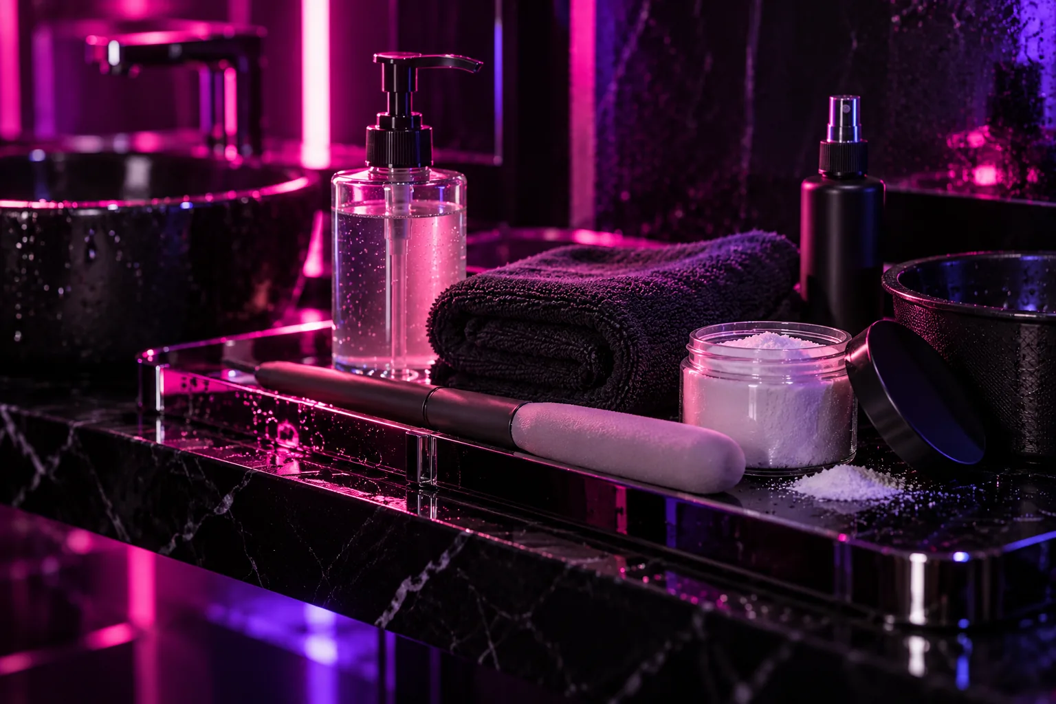 Towels, cleanser and a care kit on a dark counter