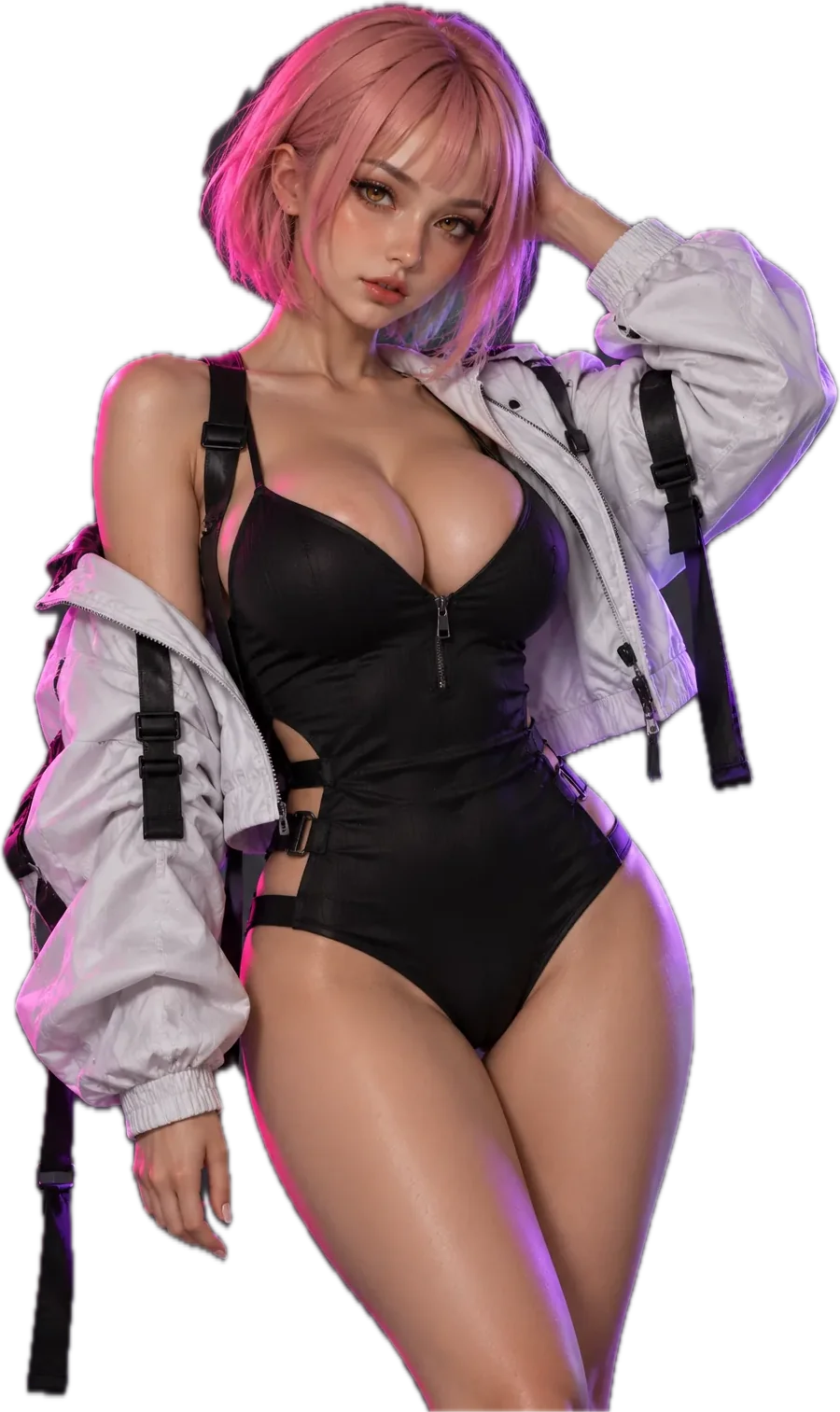 Anime doll with a pink bob in a black bodysuit and a white jacket