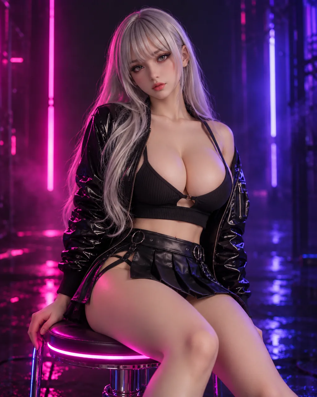 Hina TO-03, silver-haired anime doll in a black jacket on a neon stool
