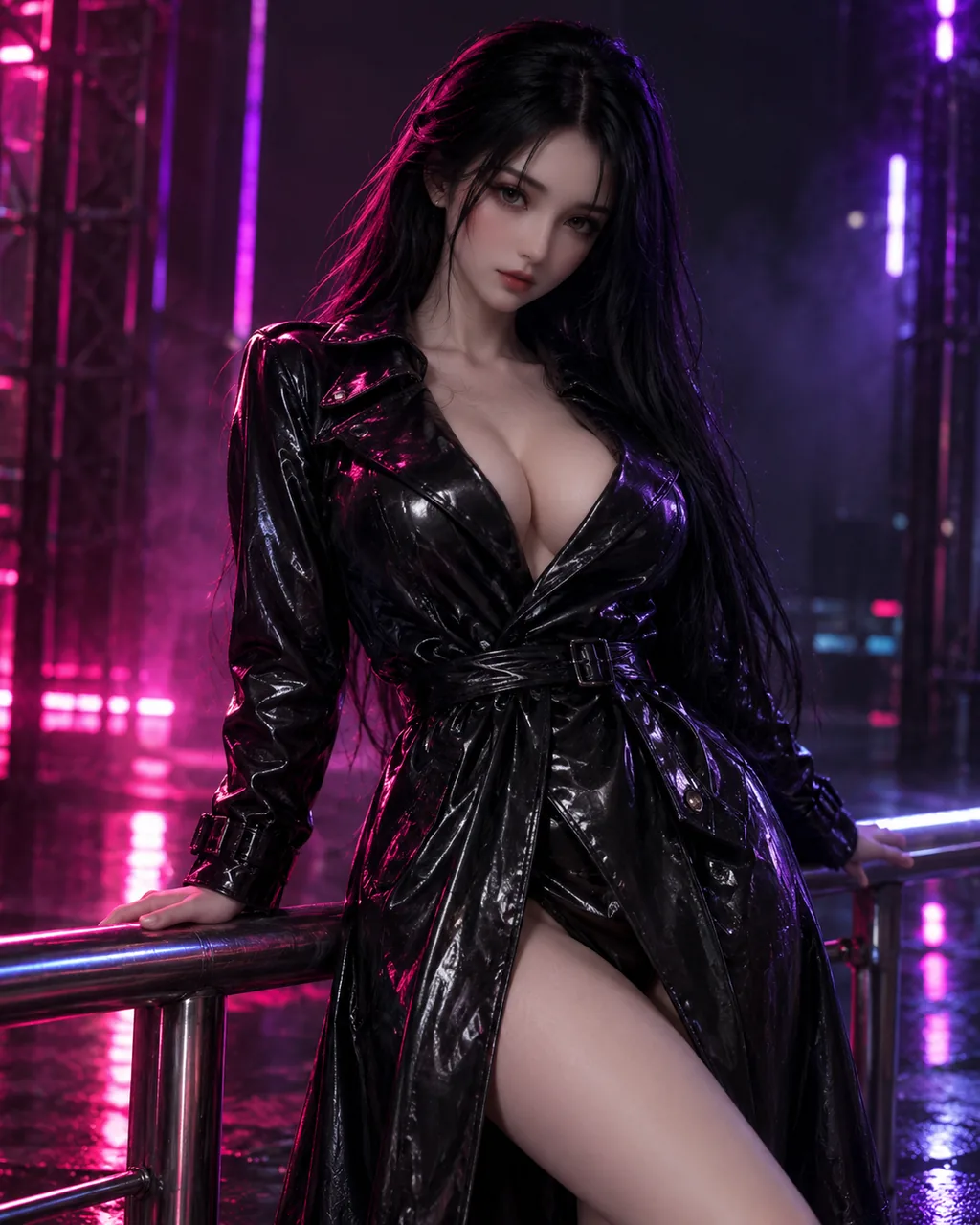 Riko AI-03, black-haired anime doll in a glossy black trench coat