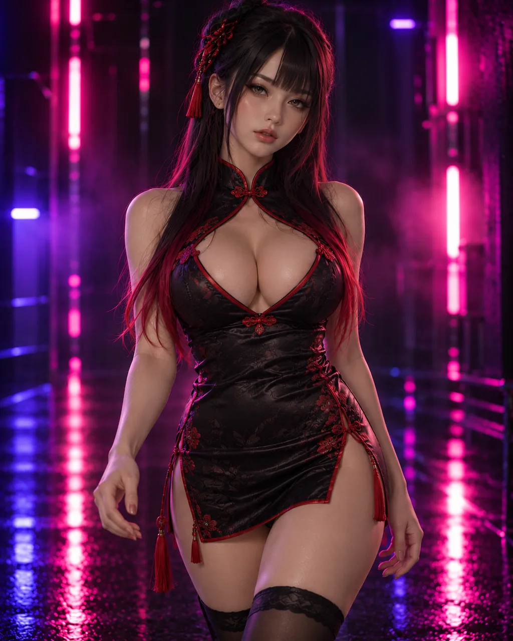 Shiori AI-06, black-haired anime doll in a black dress with red trim