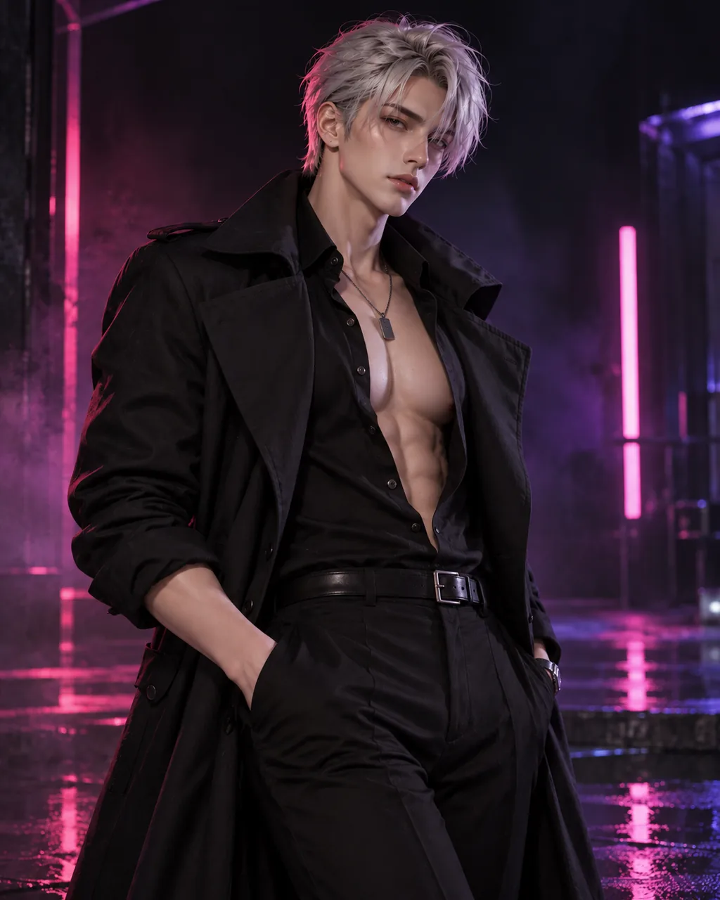 Itsuki MA-05, male anime doll with silver hair in a black coat