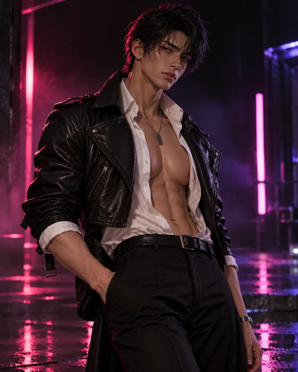 Minato MA-06, male anime doll with black hair in a leather jacket